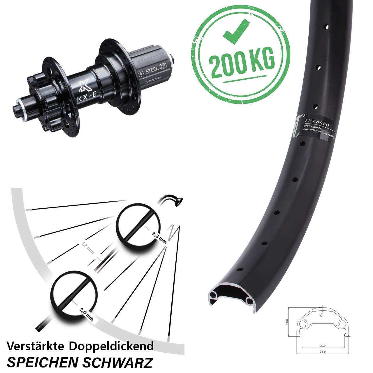 Lastenrad KX-E Cargo Hinteres Rad 26 Zoll für 6-Loch 8-12 fach verstärkt 5x135 mm