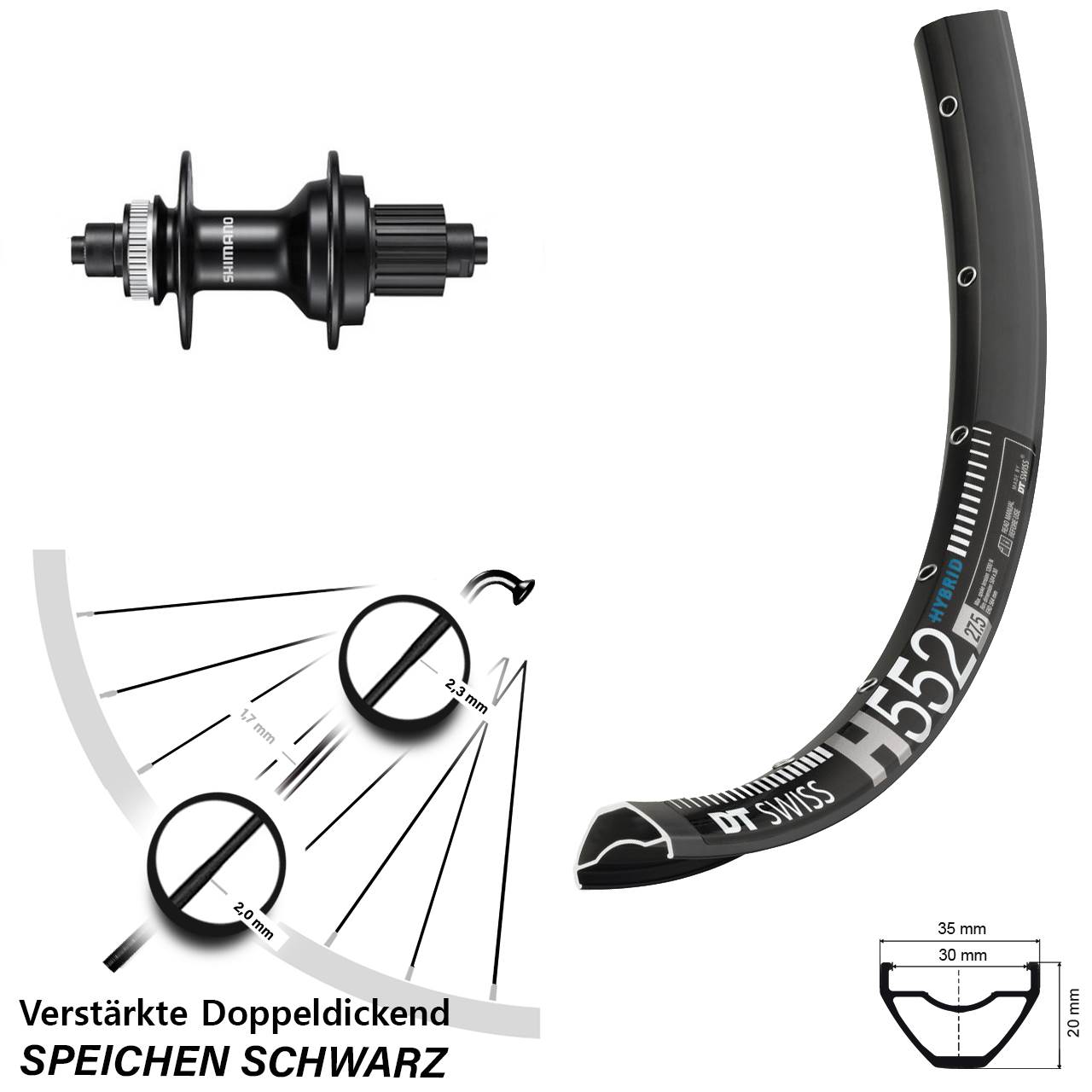 DT Swiss H 552 Shimano FH-MT500 29 Zoll Hinterrad für Schnellspanner Micro Spline