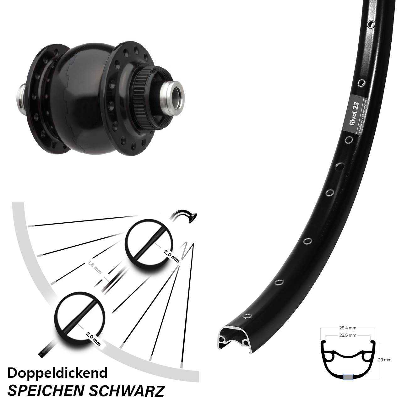 650B Ryde Rival 23 SON delux Centerlock Vorderrad mit Nabendynamo 12x100