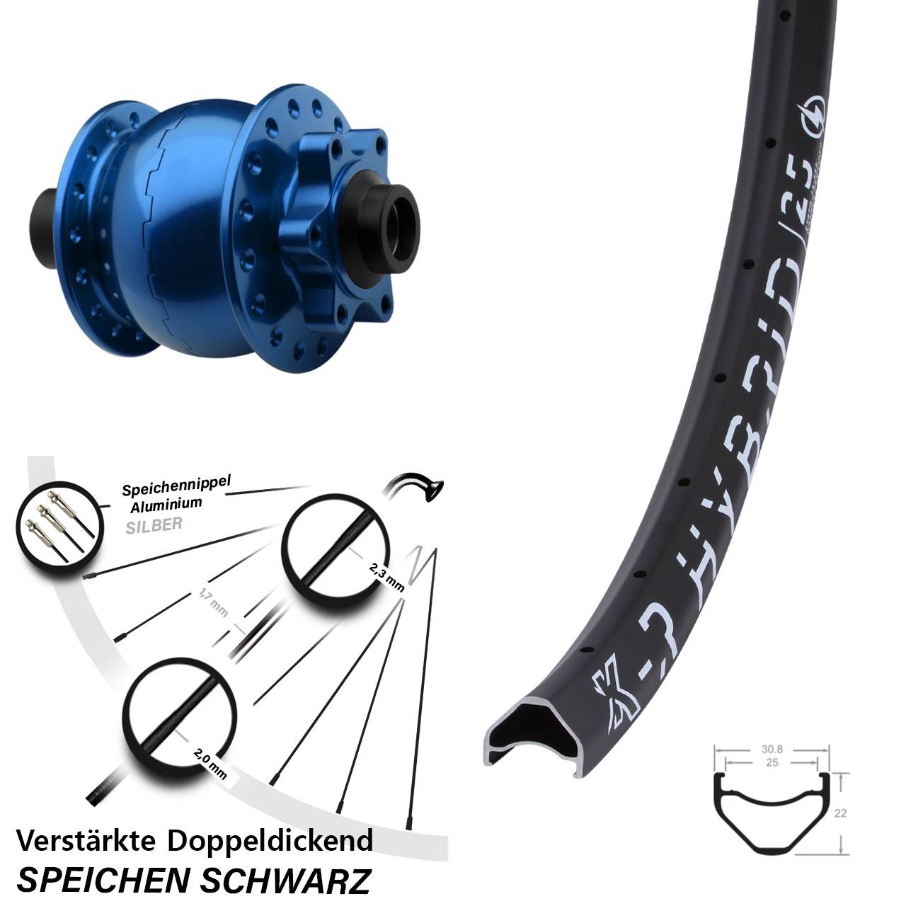 29 Zoll Vorderrad KX-R Hybrid 25 Dynamo SON 28-15 Steckachse 100 mm blau eloxiert