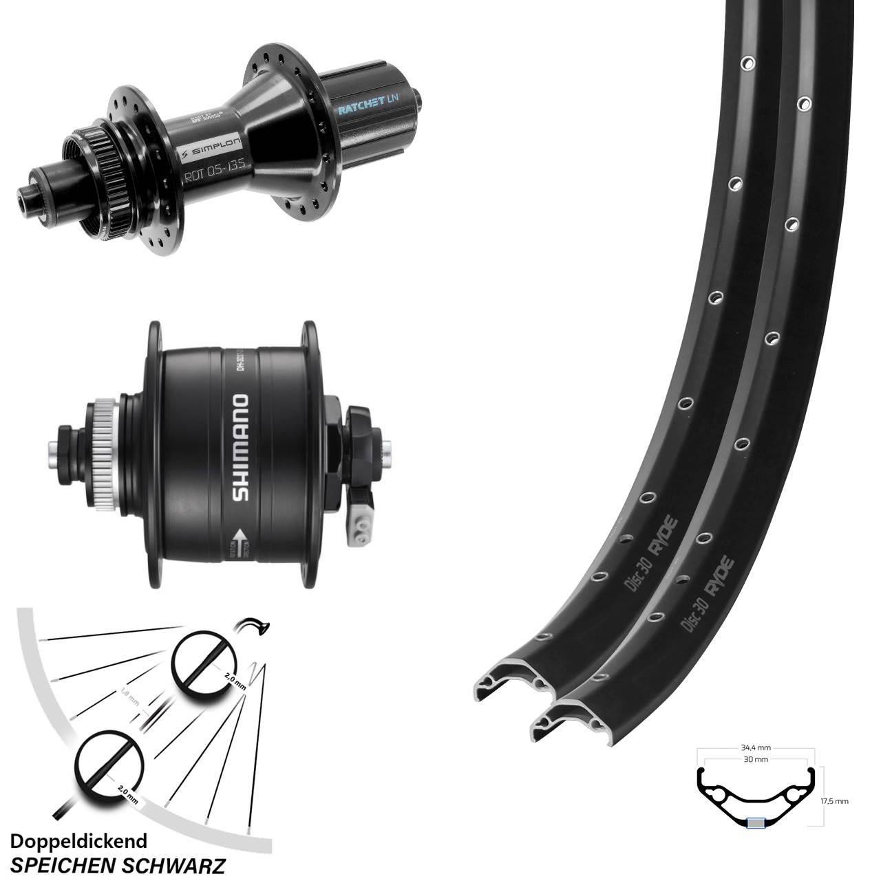 29 Zoll Ryde Disc 30 DT Swiss 370 Hybrid Shimano DH-3D37 Laufrad-Satz QR 8-11 fach HG