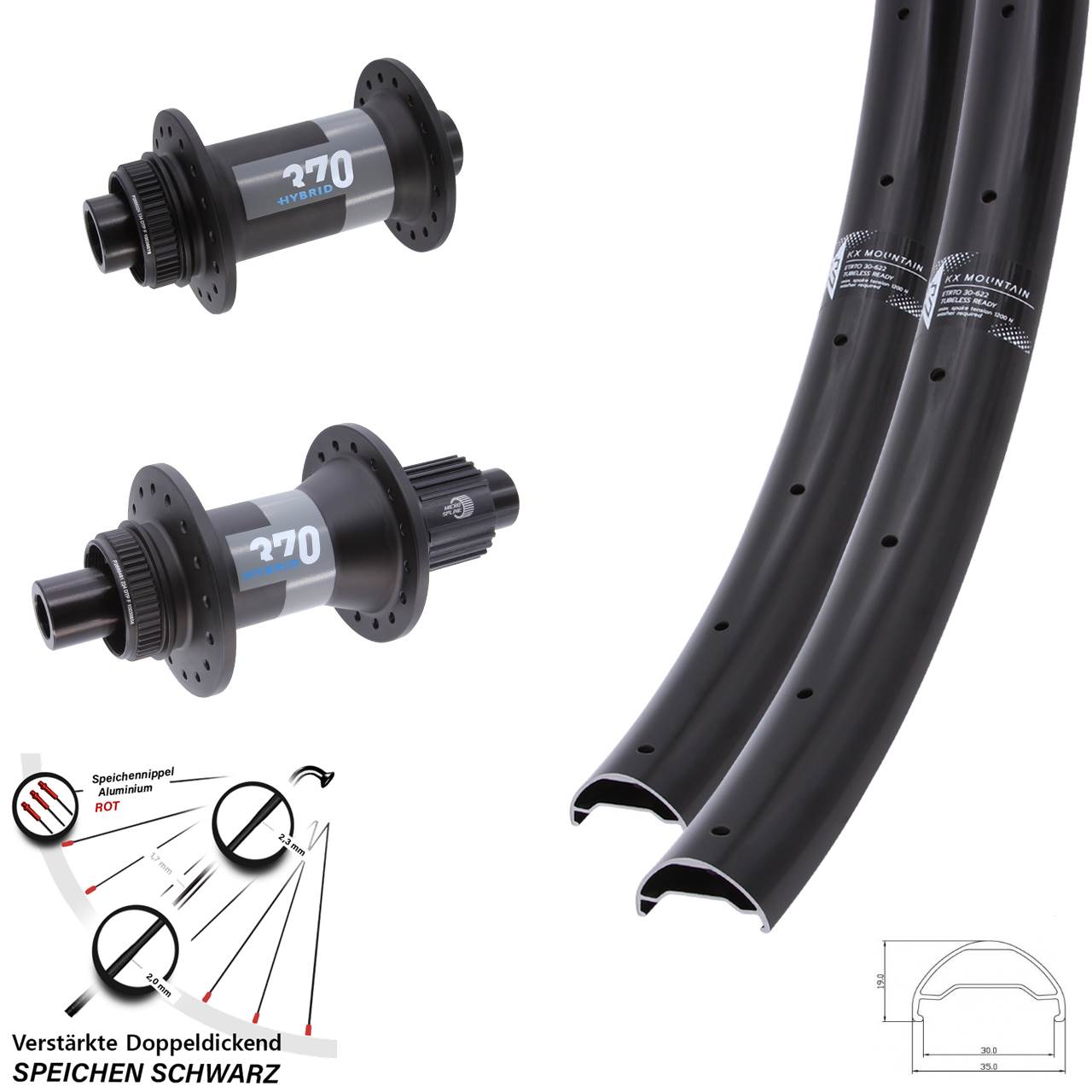 Laufradsatz 15x110 12x148 29 Zoll KX Mountain DT Swiss 370 Hybrid Shimano Micro Spline