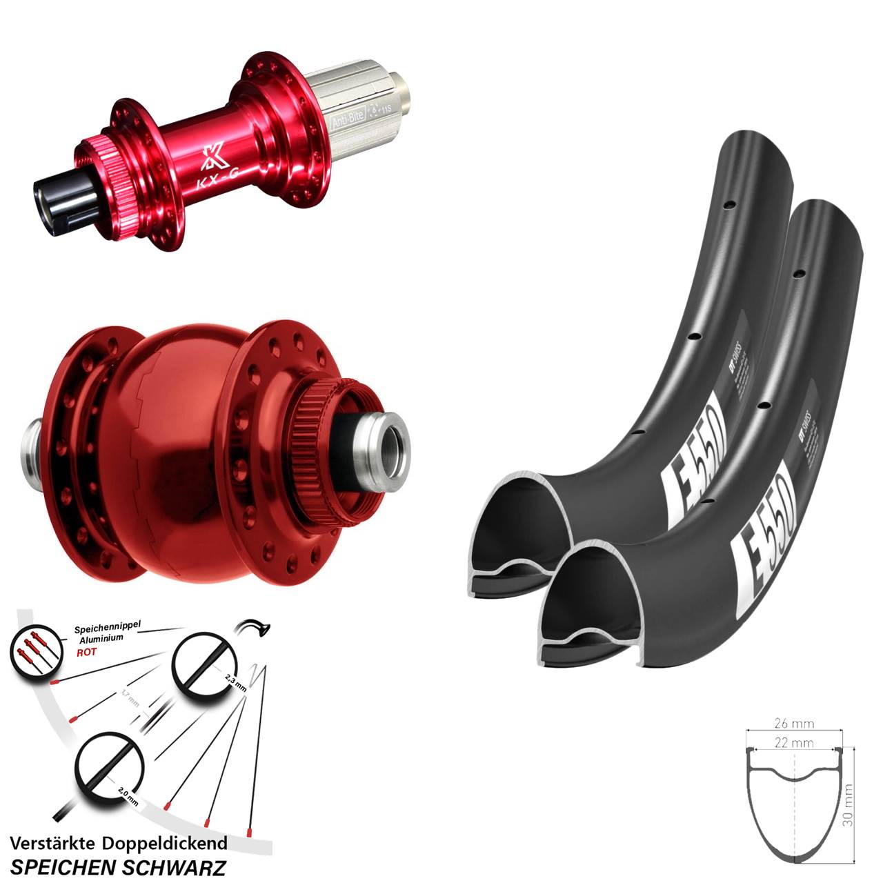 Disc Laufradsatz 28 Zoll DT Swiss E 550 KX-G rot SON 8-12 fach HG 12x100/142