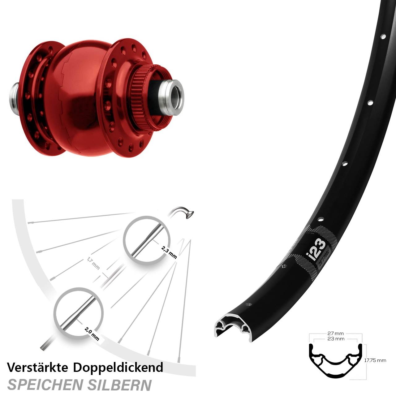 Centerlock Dynamo-Vorderrad 12x100 28 Zoll WTB i23 SON 28 rot