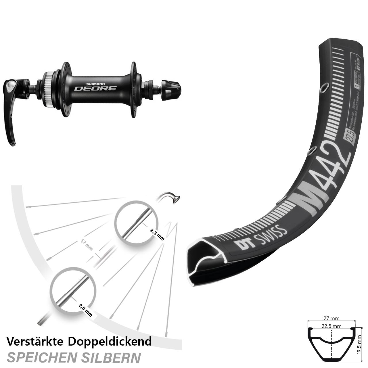 DT Swiss M442 Shimano Deore HB-M6000 29 Zoll Disc Vorderrad für Schnellspanner
