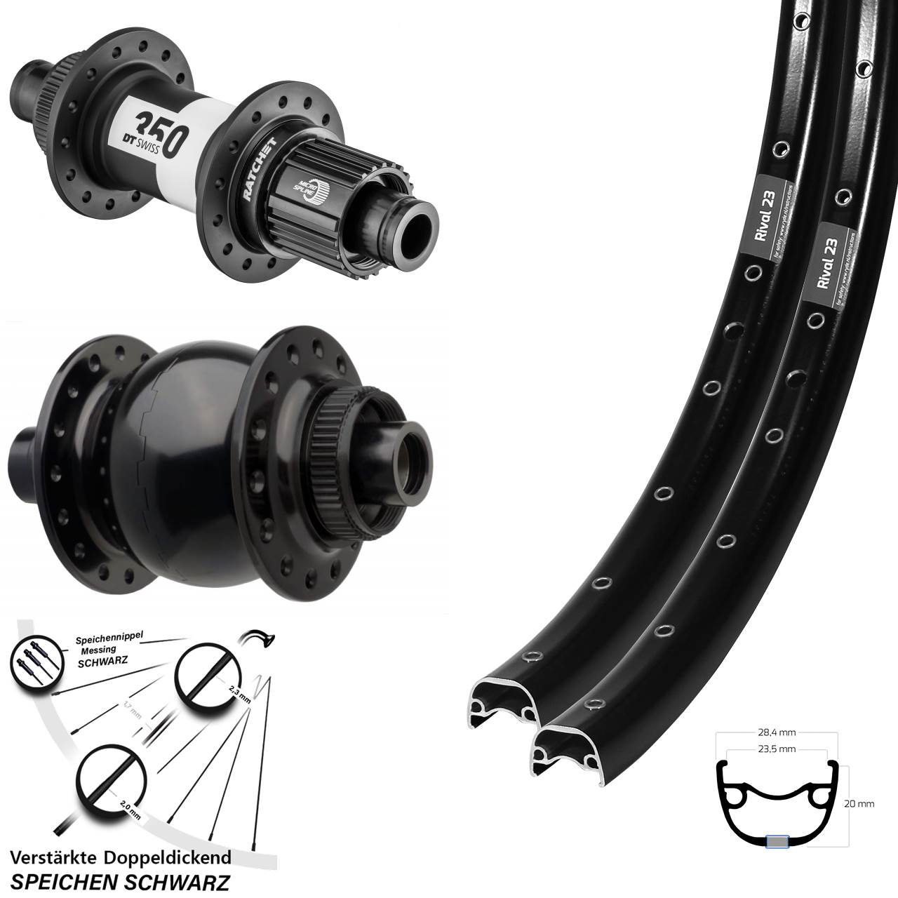 27,5 Zoll Ryde Rival 23 DT Swiss 350 SON 28 Laufradsatz Centerlock Boost Micro Spline