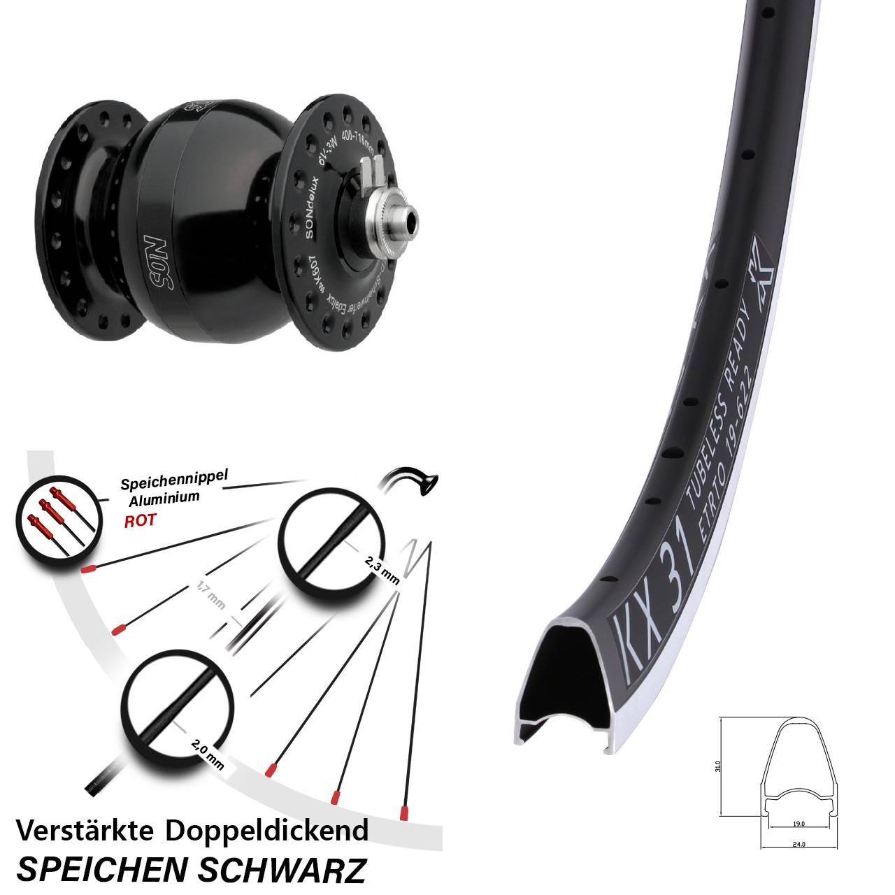 Vorderrad 28 Zoll KX 31 Hochprofil SON delux Wide Body Felgenbremse schwarz