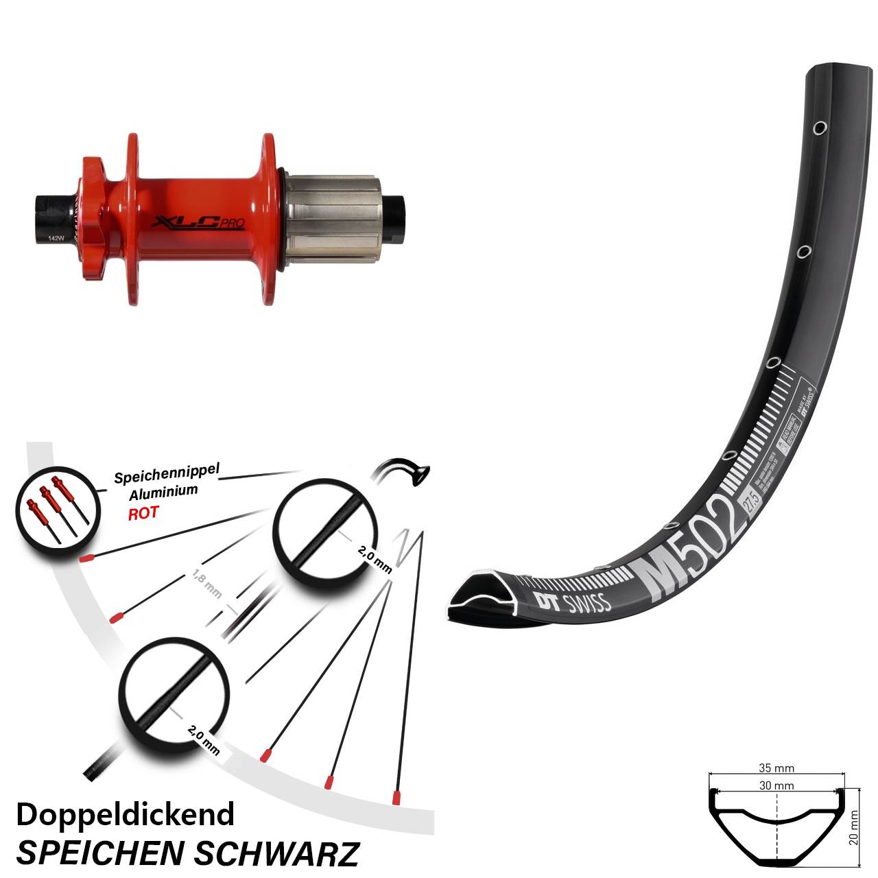Disc Laufrad 29 Zoll DT Swiss M 502 XLC Pro rot 8-11 fach 12x142