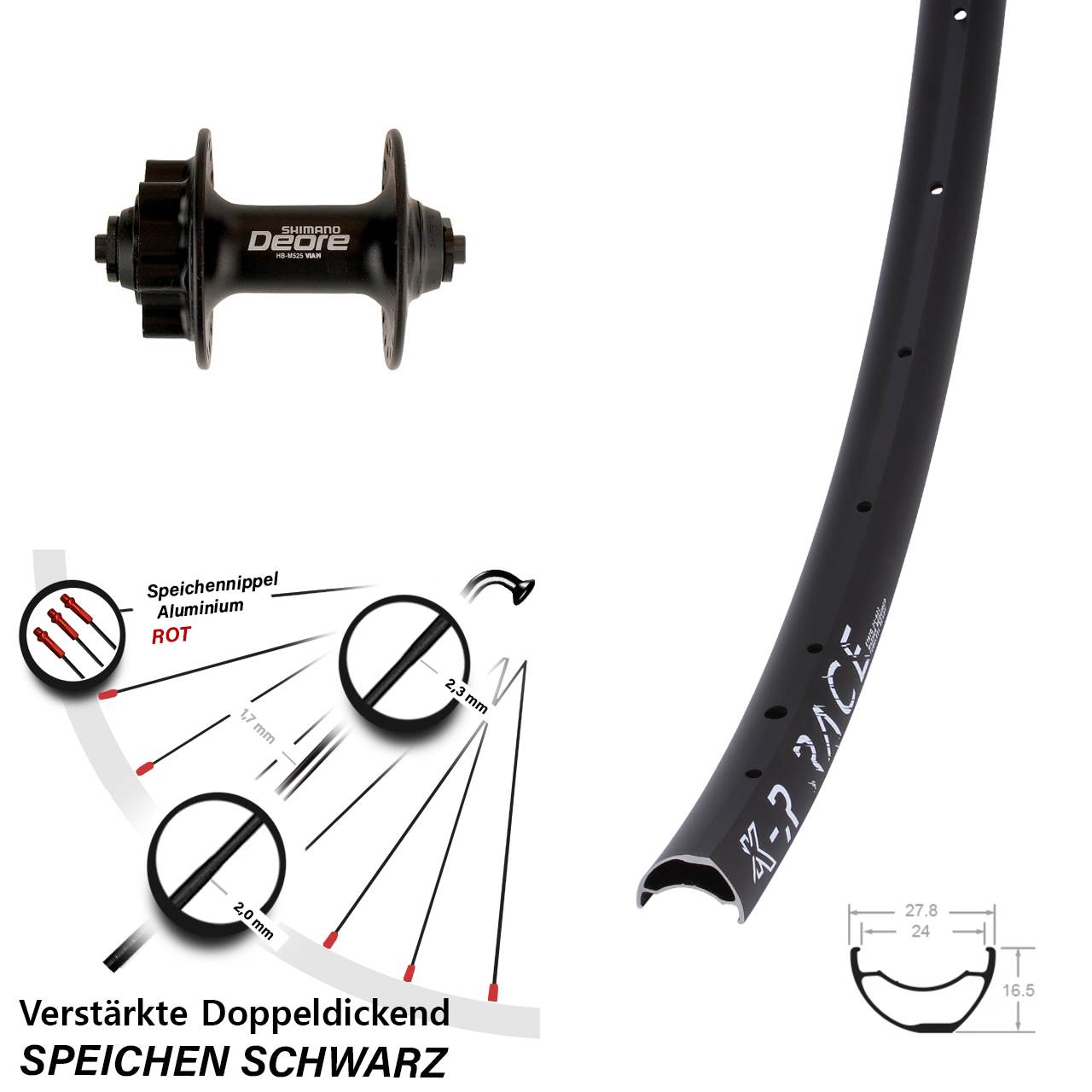 KX-R Race Shimano Deore HB-M525 28 Zoll Vorderrad 6-Loch QR