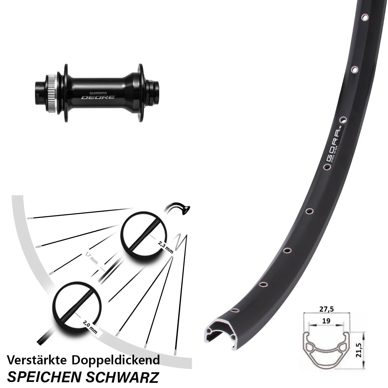 27,5 Zoll Gora 19 Shimano Deore HB-M6010 Disc Vorderrad 15x110 Boost