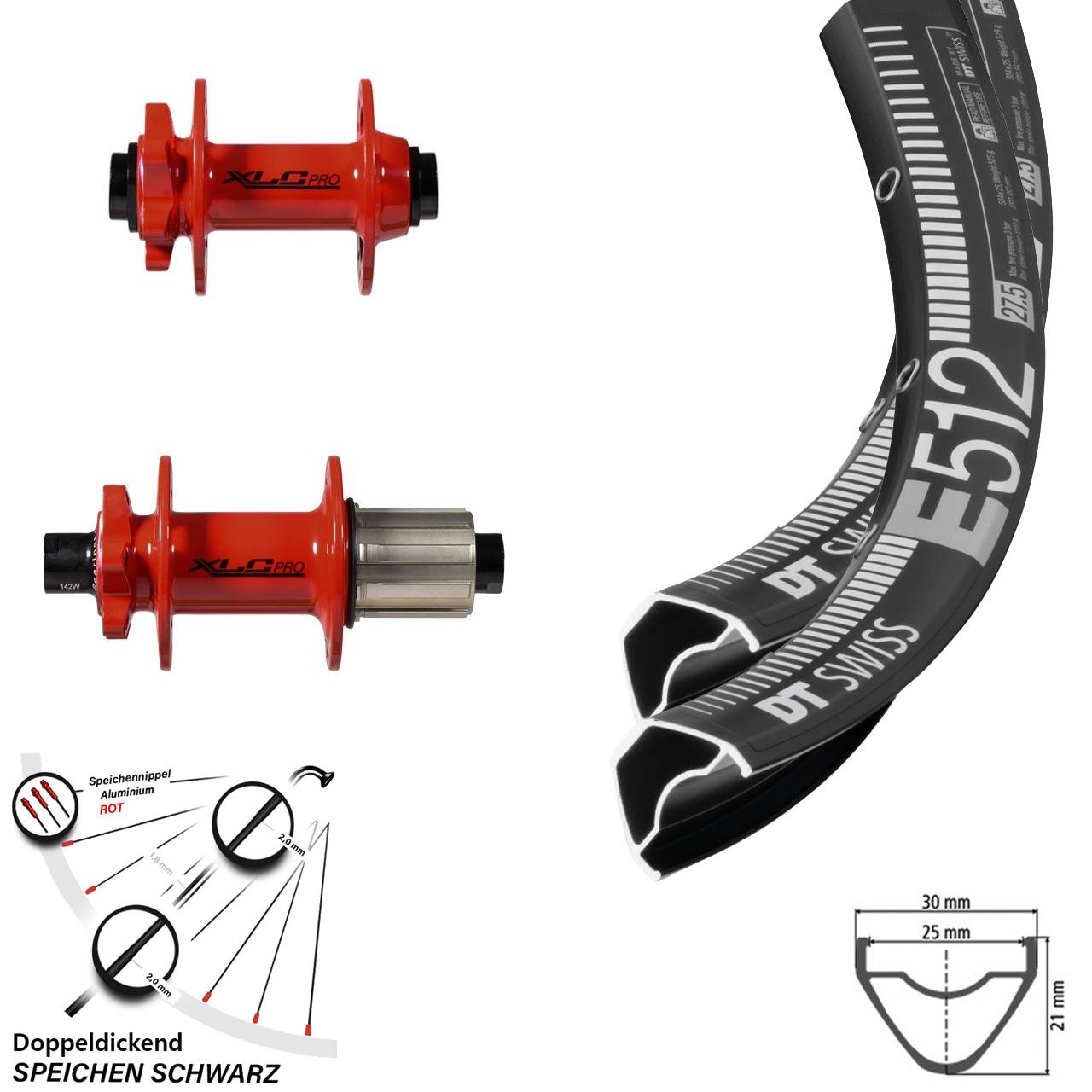 29 Zoll Laufradsatz DT Swiss E512 Enduro 6-loch XLC Pro Nabe rot MTB 11-fach
