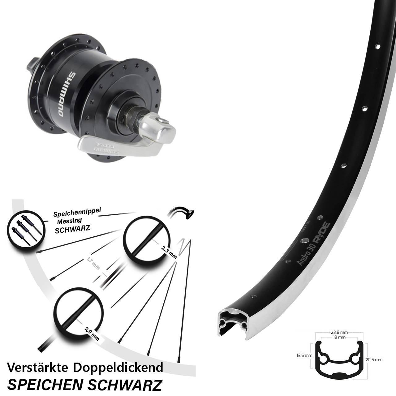 Vorderrad mit Shimano DH-3N72 Nabendynamo 26 Zoll Ryde Andra 30