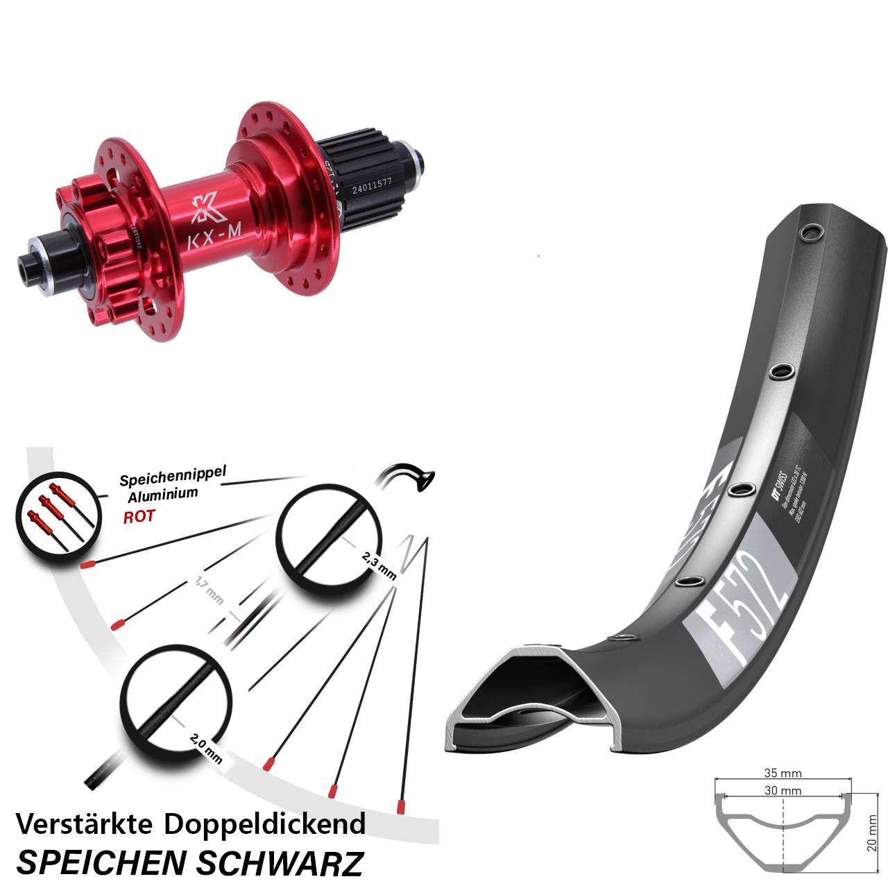 Hinterrad 6-Loch 27,5 Zoll DT Swiss F572 KX-M rot Shimano Micro Spline QR