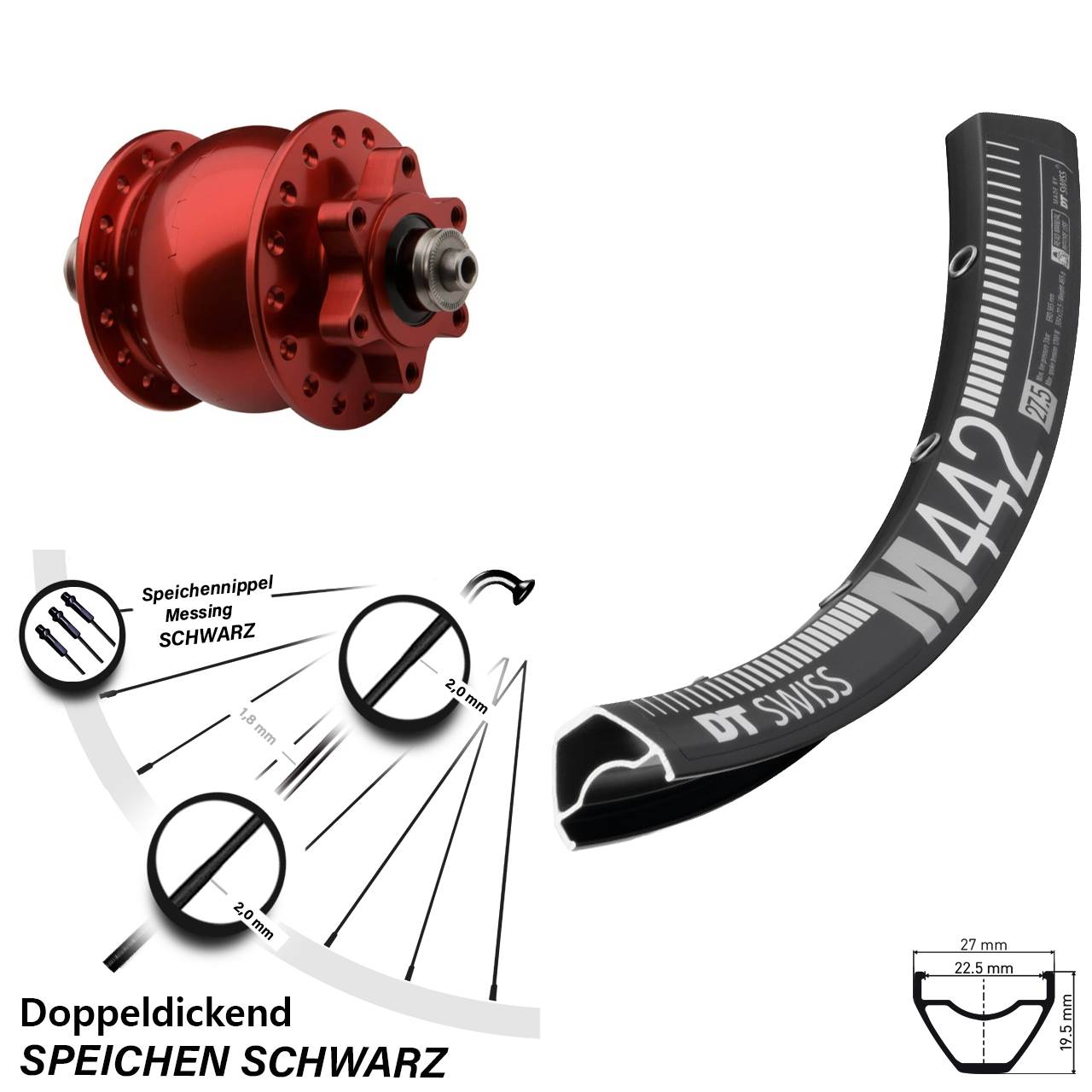 6-Loch Vorderrad mit Nabendynamo für Schnellspanner 28-29 Zoll DT Swiss M 442 SON 28 rot