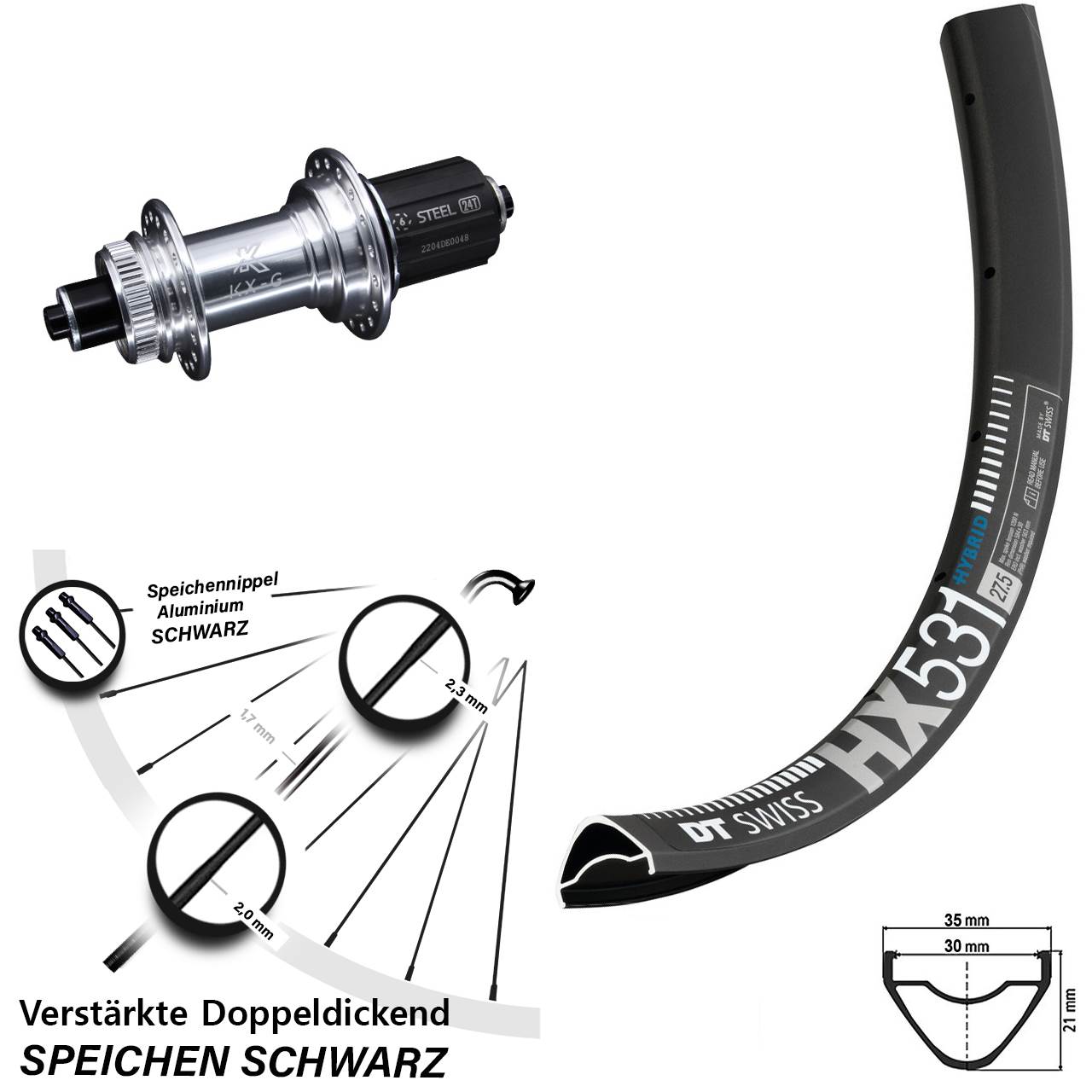 29 Zoll DT Swiss HX531 KX-GS Hinterrad Centerlock Schnellspanner 8-12 fach