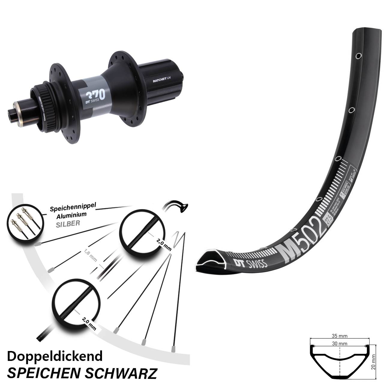 29 Zoll DT Swiss M 502-370 Hinterrad Centerlock für Schnellspanner 8-12 fach