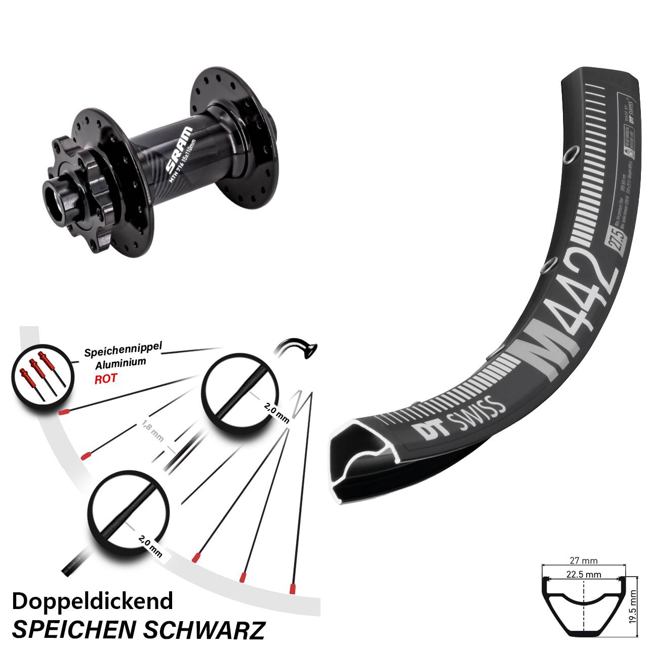 Boost Disc Laufrad 15x110 28-29 Zoll DT Swiss M442 Sram 716