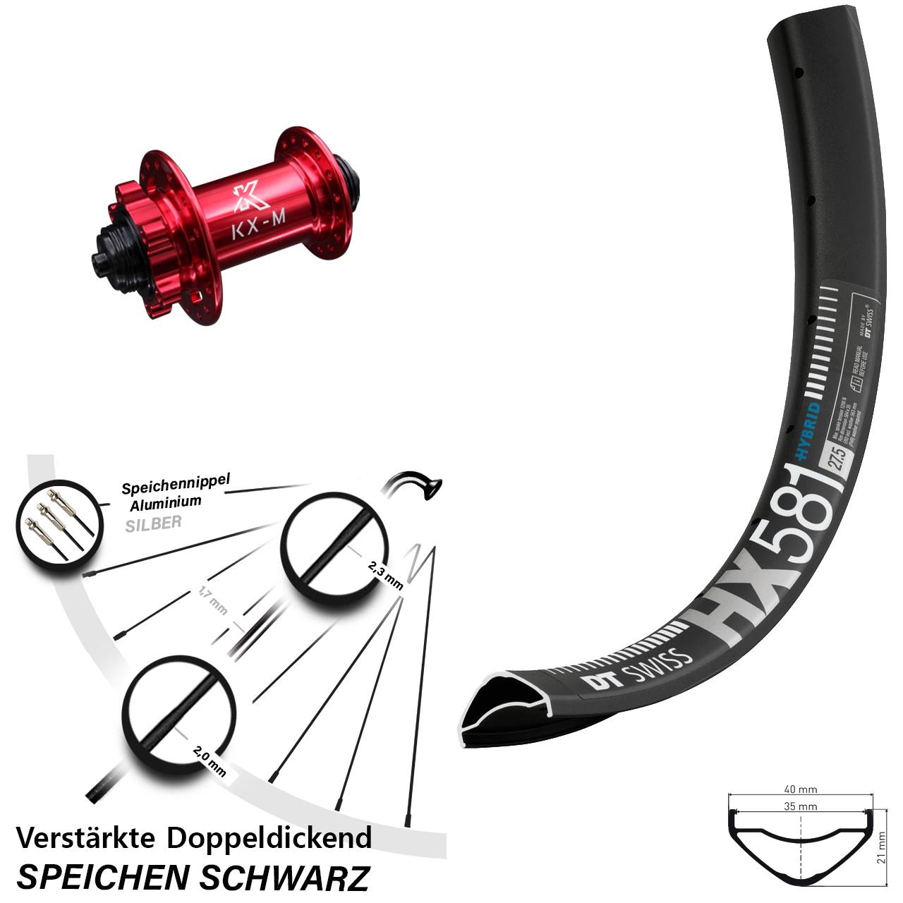 Vorderrad 6-Loch 27,5 Zoll DT Swiss HX 581 KX-M rot für Schnellspanner