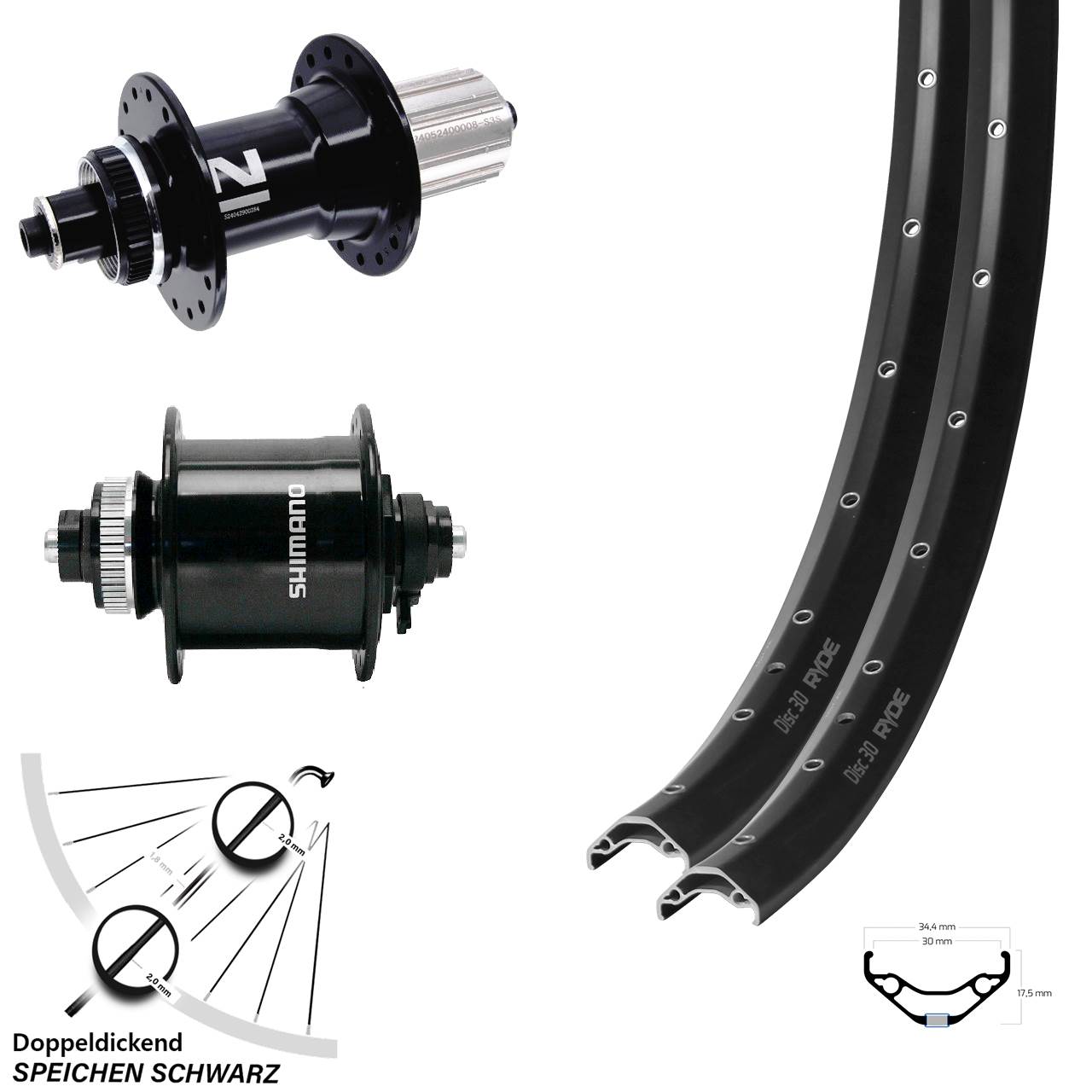 29 Zoll Ryde Disc 30 Novatec D042SB Shimano DH-UR700-3D Laufrad-Satz QR 8-12 fach HG