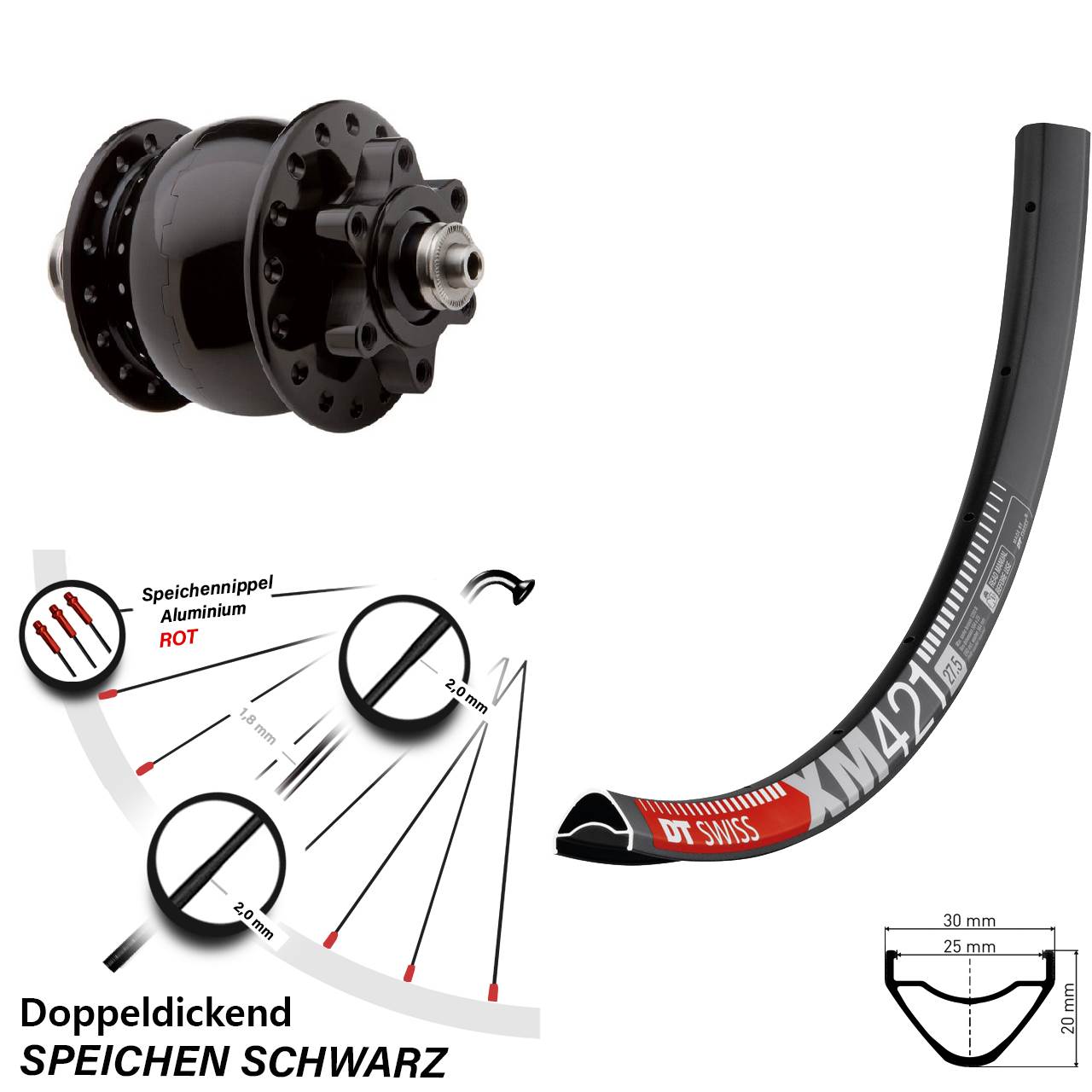 SON 28 DT Swiss XM 421 650B Disc Laufrad mit Nabendynamo für Schnellspanner