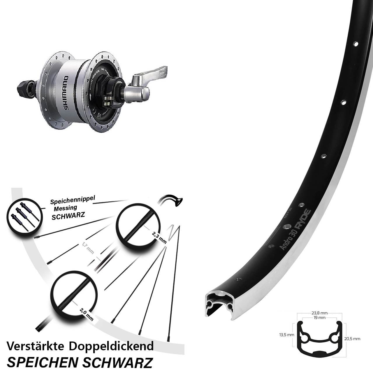 Vorderrad mit Nabendynamo QR 28 Zoll Ryde Andra 30 Shimano DH-3D72