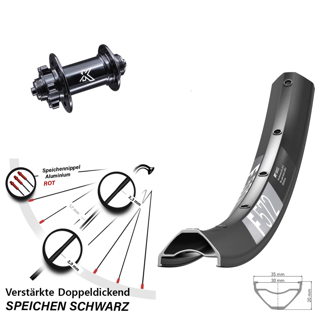 27,5 Zoll DT Swiss F 572 KX-M Vorderrad 6-Loch für Schnellspanner