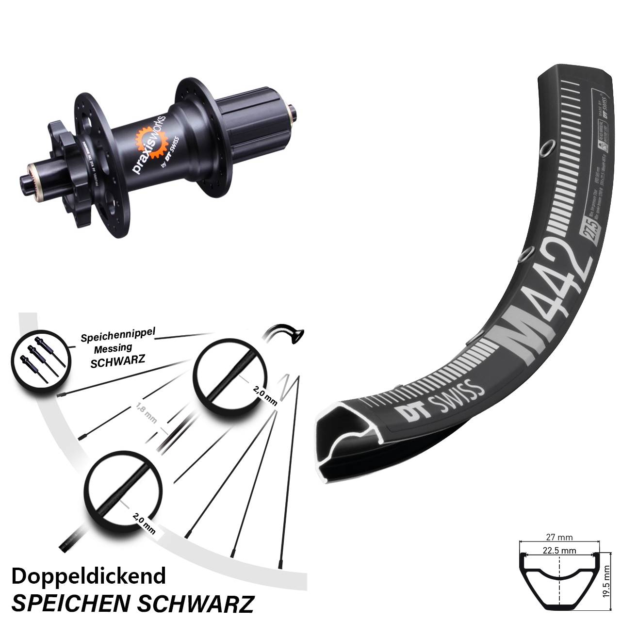 28-29 Zoll DT Swiss M442-350 6-Loch Hinterrad für Schnellspanner 8-11 fach