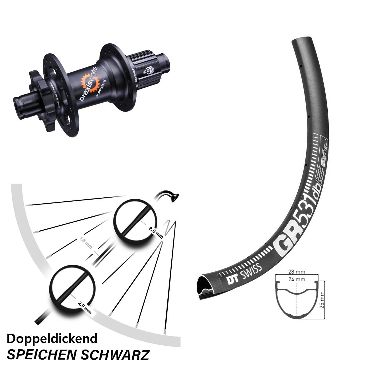 Hinterrad 28-29 Zoll DT Swiss GR531-350 6-Loch Micro Spline 12x142