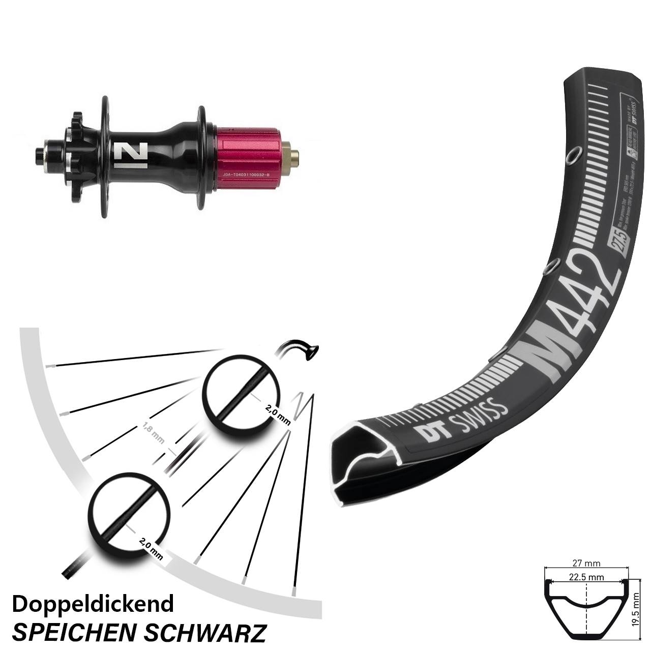 schwarzes 29 Zoll Hinteres Rad DT Swiss M 442 Novatec D792SB Schnellspanner 8-12 fach