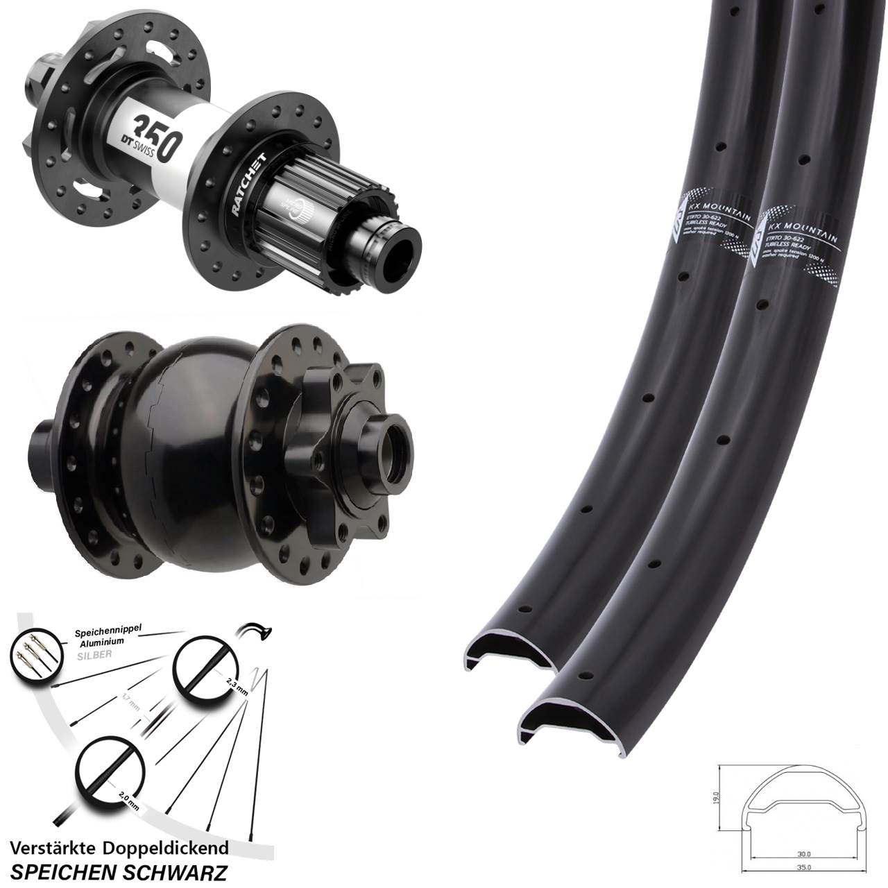 Laufradsatz 29 Zoll KX Mountain DT Swiss 350 Ratchet 36 Disc SON 28 Micro Spline Boost
