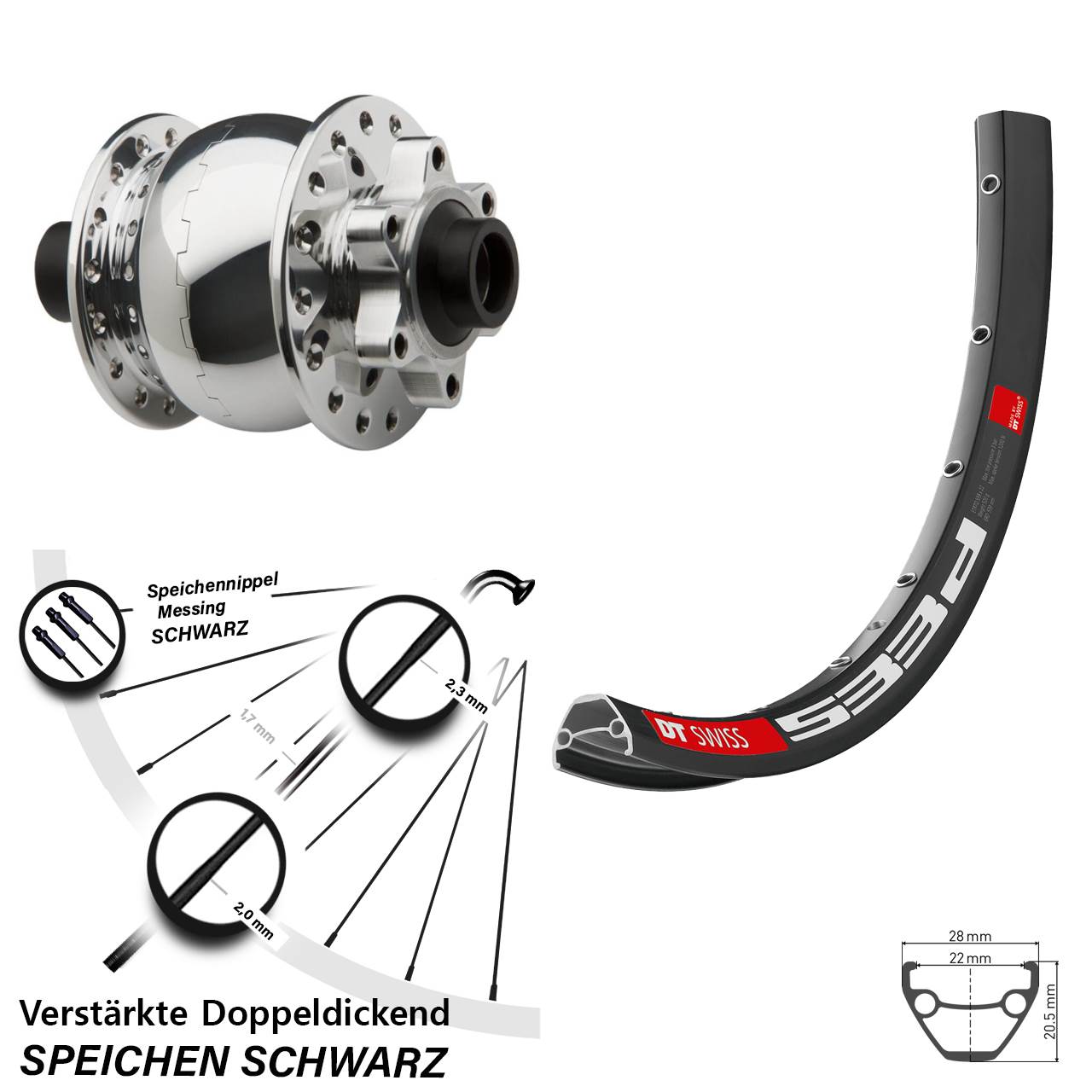6-Loch Vorderrad mit Nabendynamo 15x100 Steckachse DT Swiss 533 D SON 28