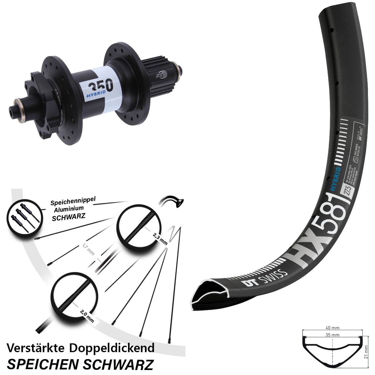 27,5 Zoll DT Swiss HX581-350 Hybrid Hinterrad für Schnellsp. Micro Spline