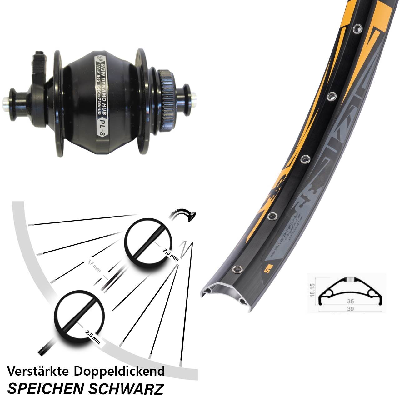 Disc Nabendynamovorderrad 27,5 Zoll Rodi TRYP 35 Shutter Precision PL-8 für Schnellspanner