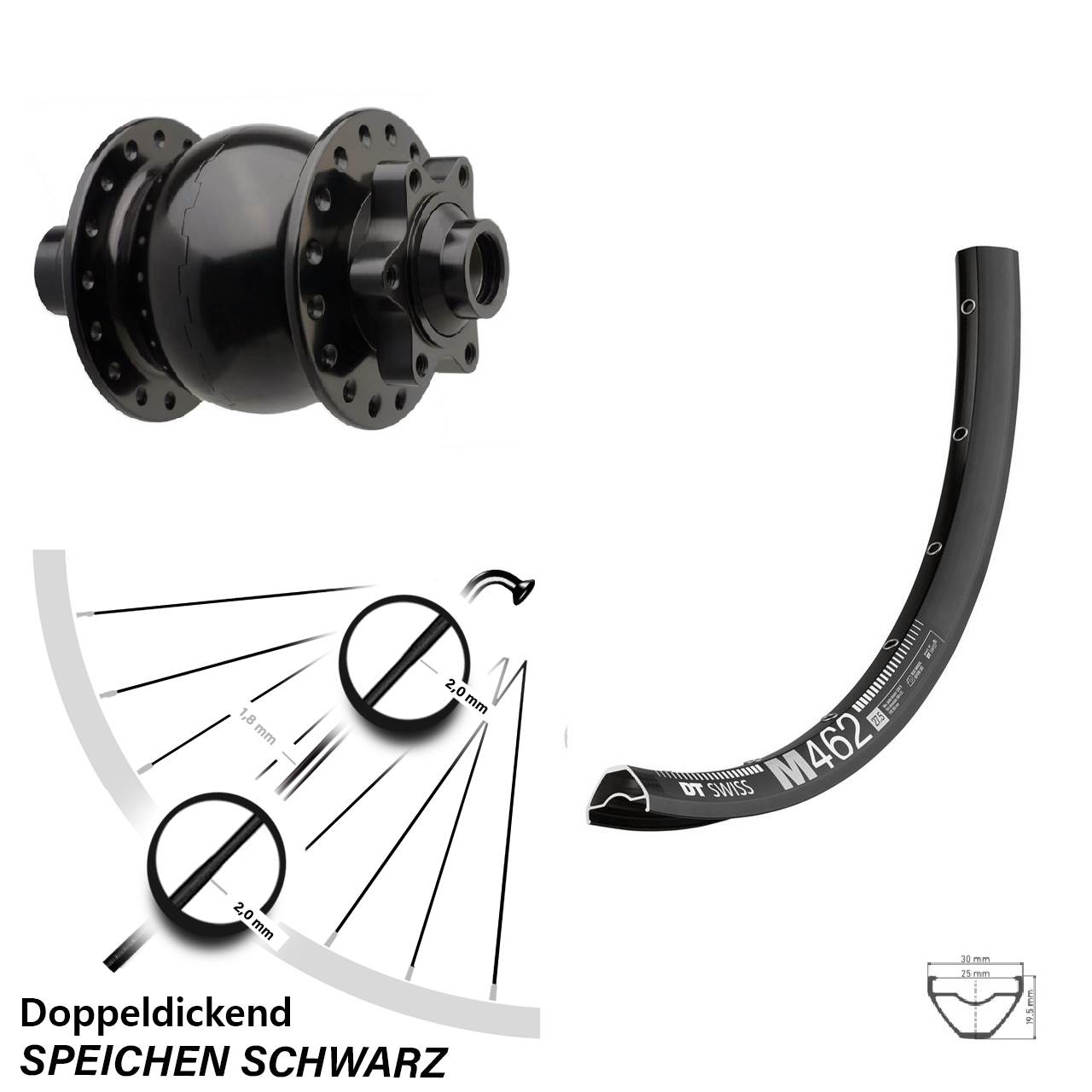29 Zoll 6-Loch Dynamo-Vorderrad DT Swiss M462 SON 28 15x110 Boost