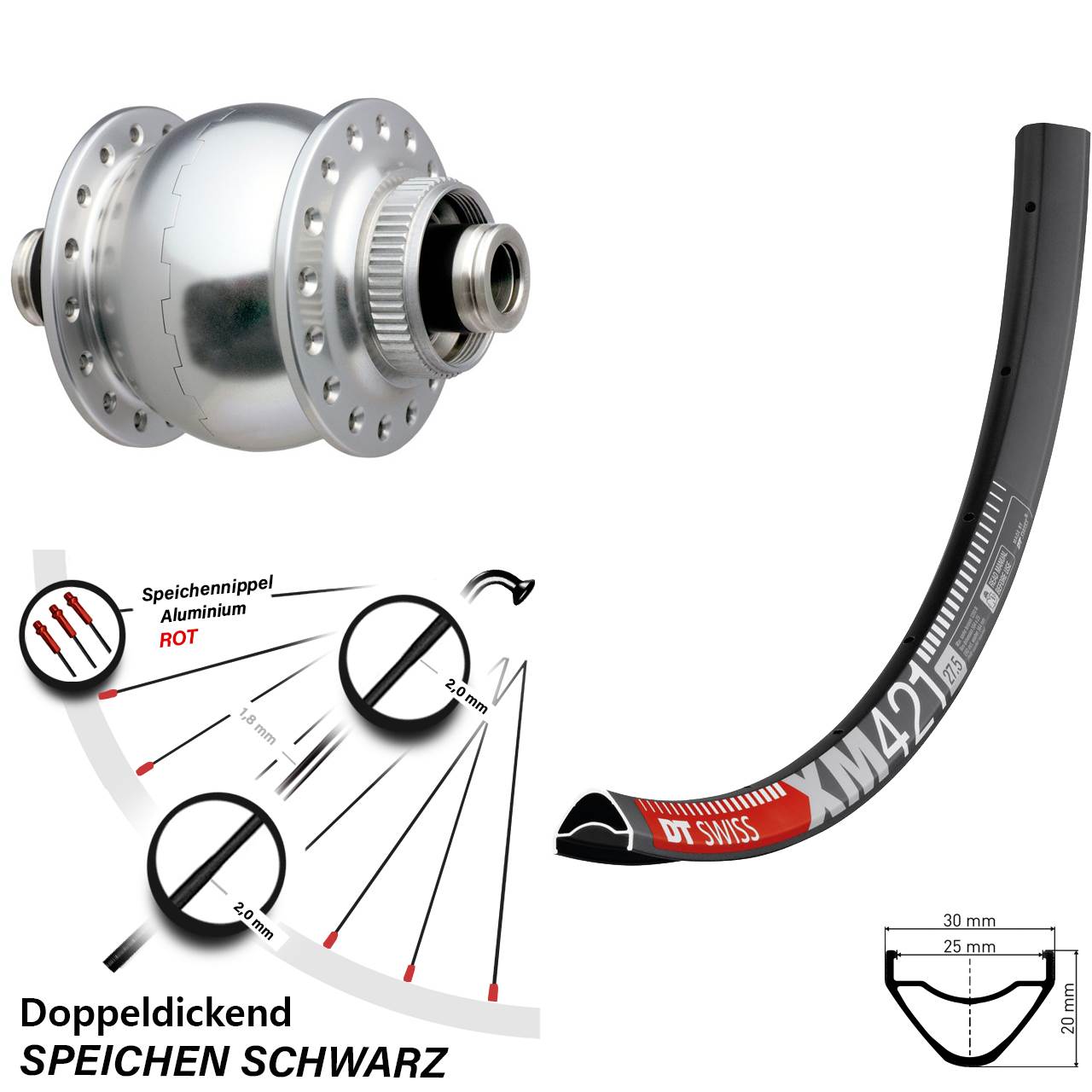 Centerlock Vorderrad mit Dynamo 27,5 Zoll DT Swiss XM421 SON 28 silbern 12x100