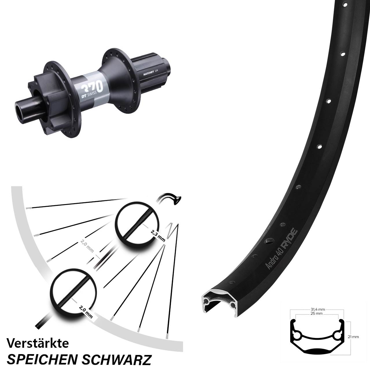 24 Zoll Hinterrad Ryde Andra 40 DT Swiss 370 8-11 fach 12x148 Boost 6-Loch