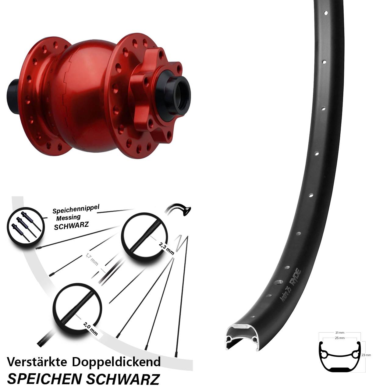 Nabendynamovorderrad 6-Loch 28-29 Zoll Ryde Andra 25 SON 28 rot 15x110 Boost