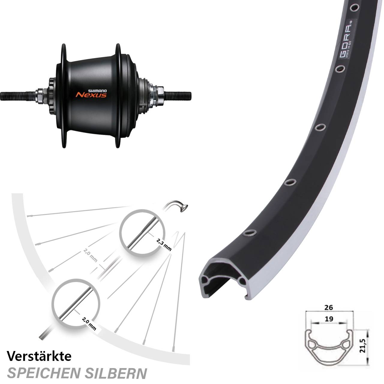 28 Zoll Hinterrad Gora 19 Shimano 7 Gang Nexus Freilauf schwarz