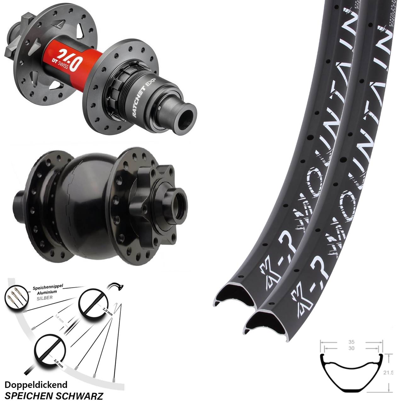 29 Zoll Laufradsatz DT Swiss 240 EXP Boost Sram XD SON 28-15 Dynamo 6-loch KX-R Mountain