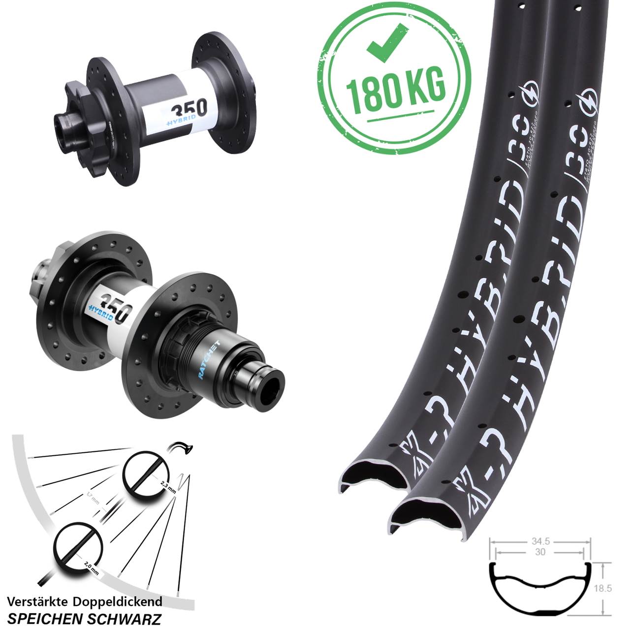 29 Zoll KX-R Hybrid 30 DT Swiss 350 Hybrid Boost Disc Laufrad-Satz 15x110 12x148 Boost XD