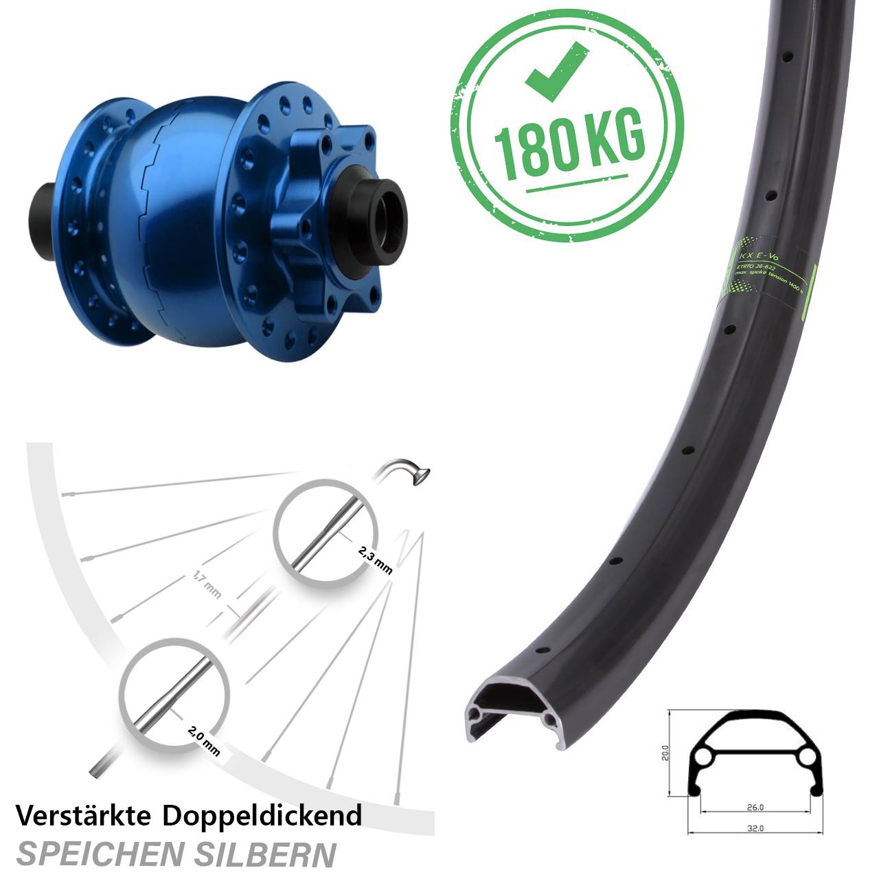 Disc Laufrad mit Nabendynamo 27,5 Zoll KX Evo SON 28 blau 15x100