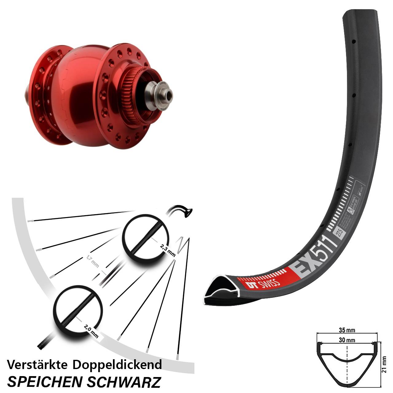 29 Zoll DT Swiss EX511 SON 28 rot Dynamo-Vorderrad Centerlock für Schnellspanner
