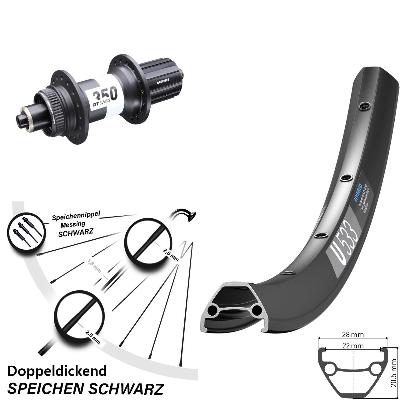 DT Swiss U 533-350 27,5 Zoll Disc Laufrad für Schnellspanner 8-11 fach