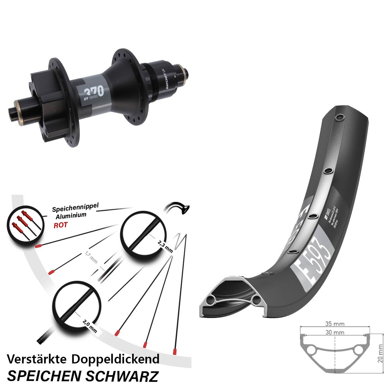 DT Swiss E593-370 29 Zoll 6-Loch Hinterrad für Schnellspanner SRAM XD