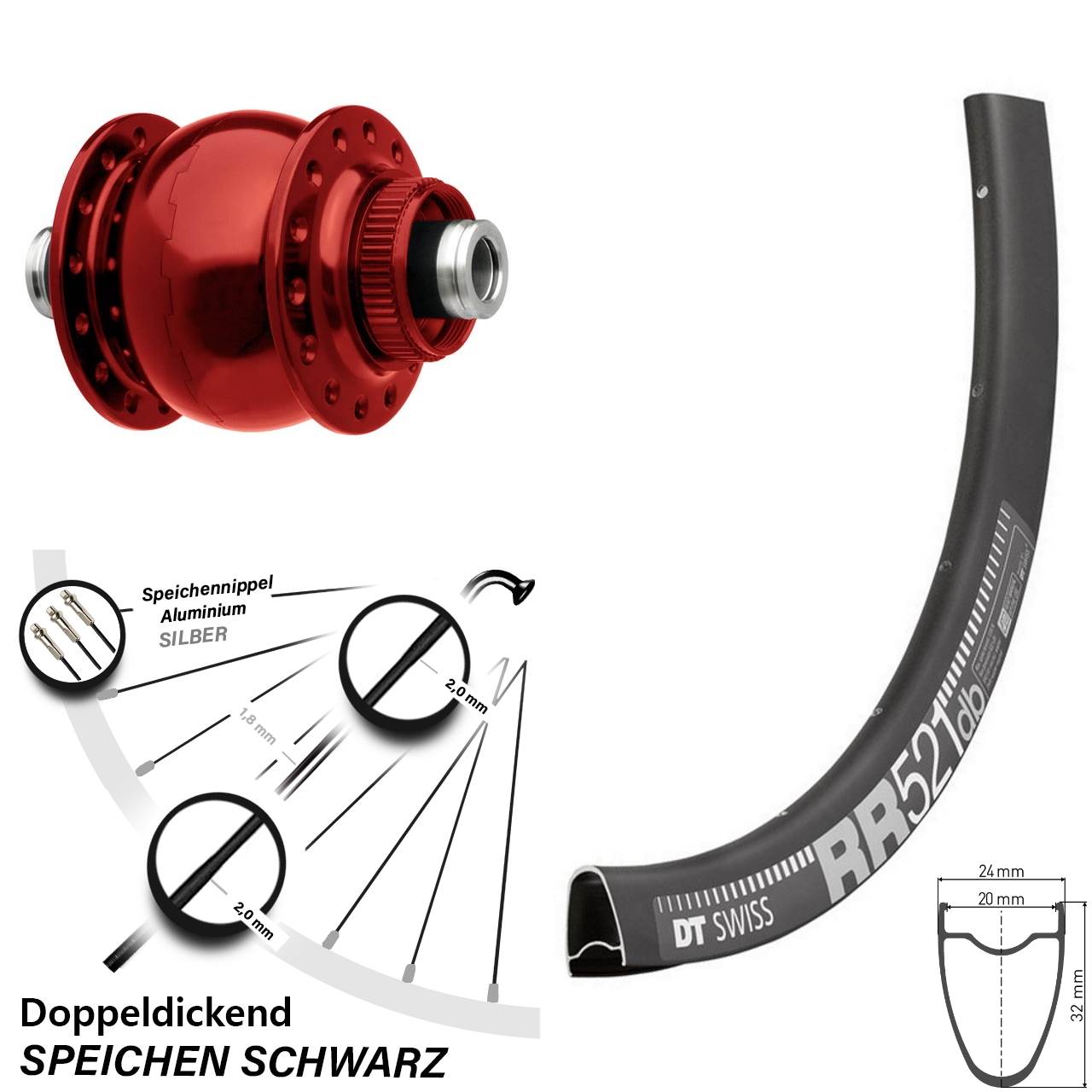 Dynamo Son Centerlock rot DT Swiss RR 521 Disc Vorderrad 28 Zoll Steckachse 12x100 mm