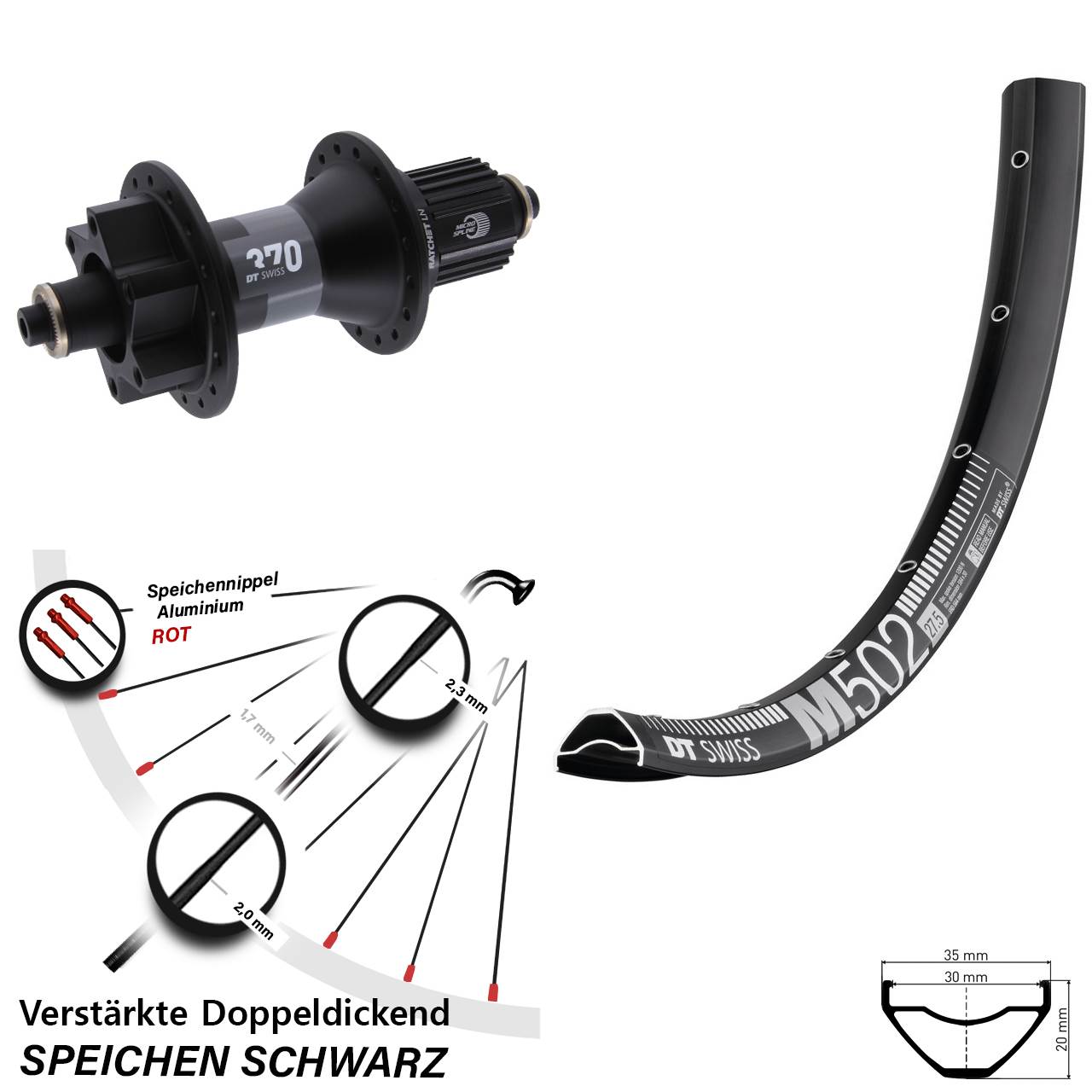 DT Swiss M 502-370 Hybrid 29 Zoll Laufrad für Schnellsp. Shimano Micro Spline