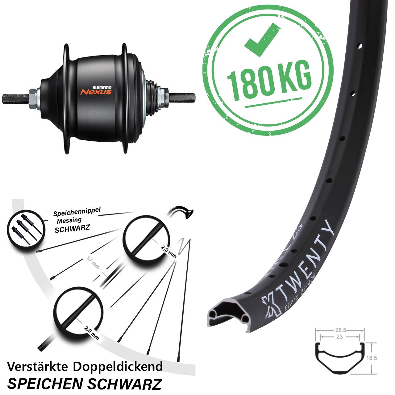Hinterrad 20 Zoll KX Twenty Shimano Nexus 8-Gang für Rollenbremse