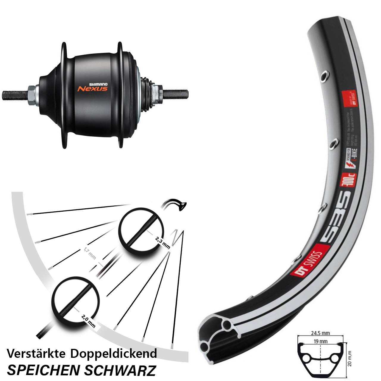 Hinterrad 28 Zoll DT Swiss 535 Shimano Nexus 8 Gang Freilauf schwarz