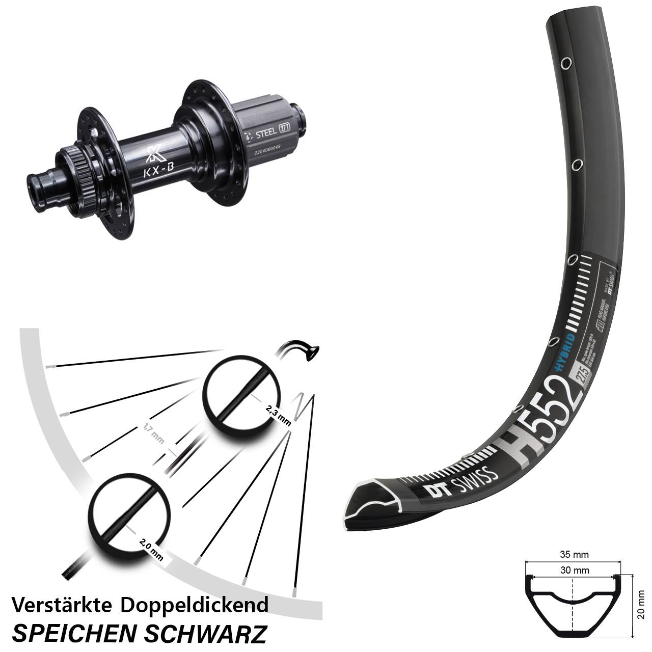 DT Swiss H 552 KX-B Stahlachse 29 Zoll Hinterrad Centerlock 12x148 Boost 8-12 fach