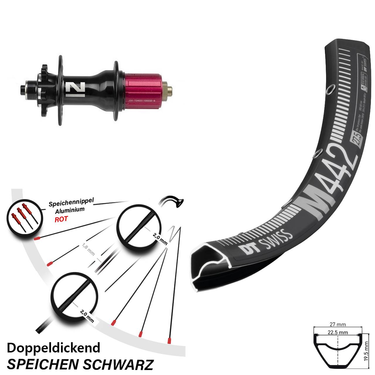 schwarzes 29 Zoll Hinteres Rad DT Swiss M 442 Novatec D792SB Schnellspanner 8-12 fach